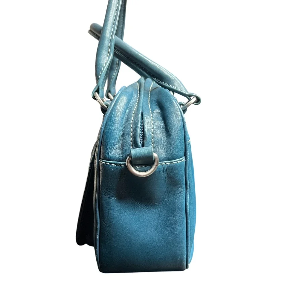 Radley London Teal Blue Leather Satchel Top Handle Bag Contrast Stitching
